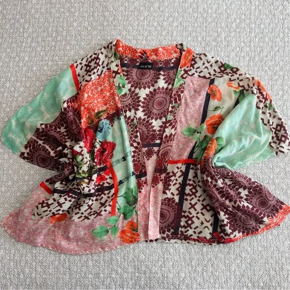 Saachi Artsy Twill Weaved Kimono Wool & Silk Open Cardigan Shrug Boho One Size - Picture 6 of 14